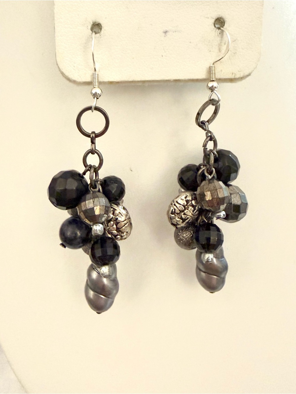 Sterling Silver 925 Gray Baroque Pearl Black Bead Dangle Earrings French Wire